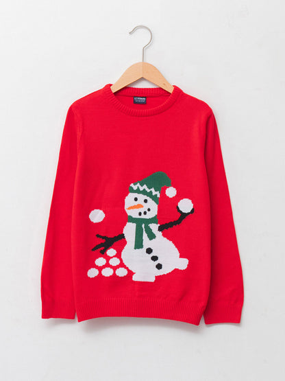 Crew Neck Snowman Patterned Long Sleeve Boy's Thin Knitwear Sweater