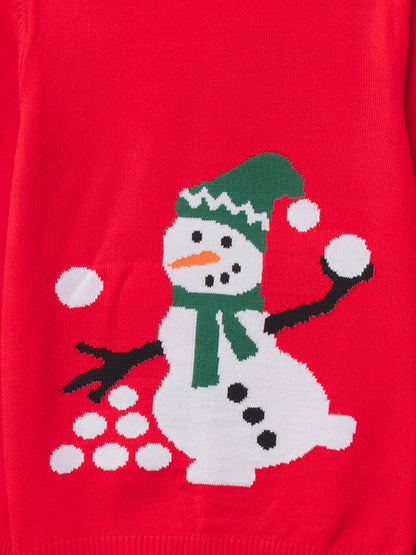 Crew Neck Snowman Patterned Long Sleeve Boy's Thin Knitwear Sweater