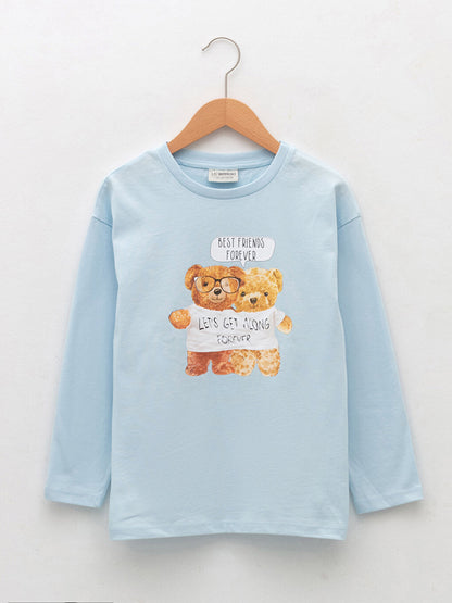 Crew Neck Printed Long Sleeve Cotton Girls' T-Shirt