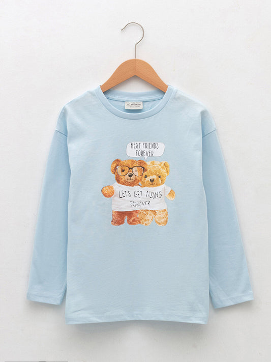 Crew Neck Printed Long Sleeve Cotton Girls' T-Shirt