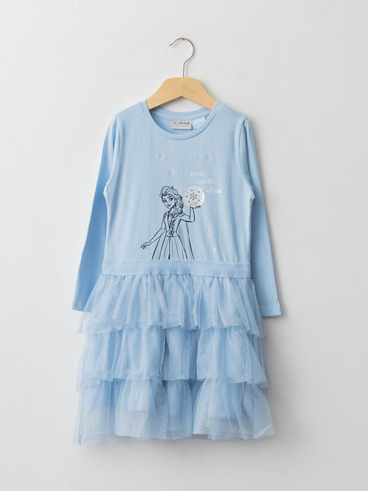 Crew Neck Elsa Printed Long Sleeve Girl's Dress