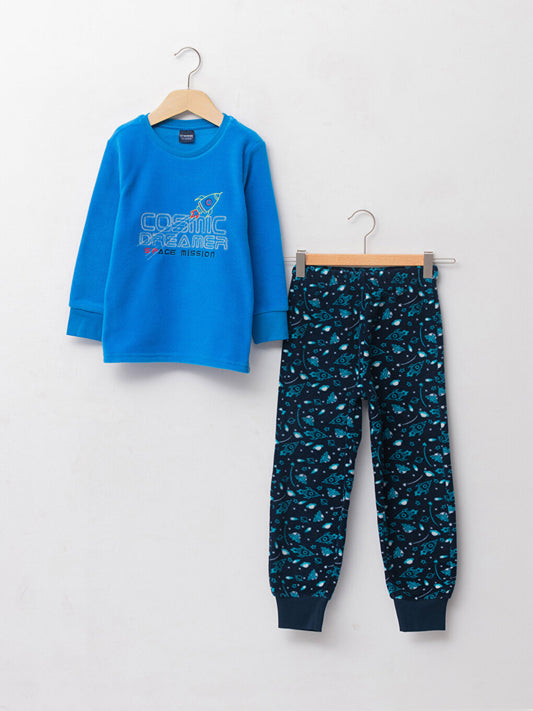 Crew Neck Printed Long Sleeve Fleece Boys' Pajama Set