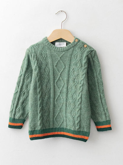 Crew Neck Long Sleeve Self Patterned Baby Boy Knitwear Sweater