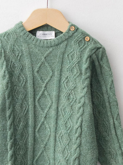 Crew Neck Long Sleeve Self Patterned Baby Boy Knitwear Sweater