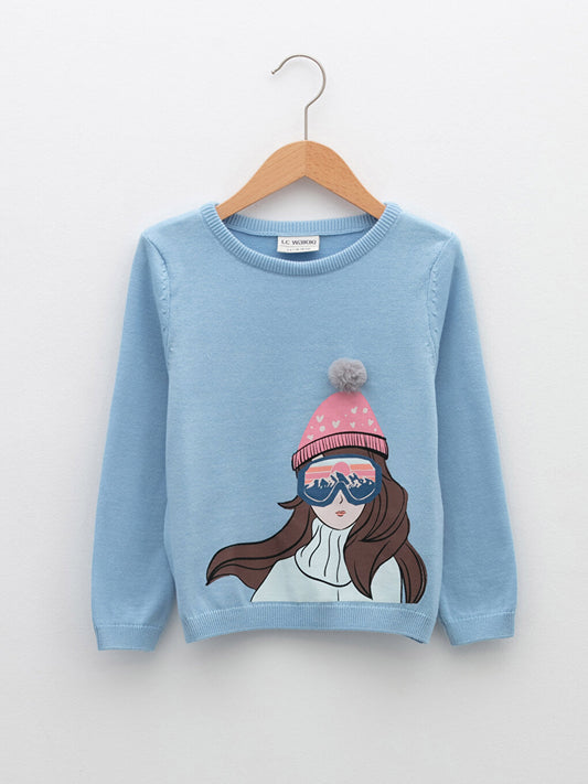 Crew Neck Printed Long Sleeve Girl's Knitwear Sweater