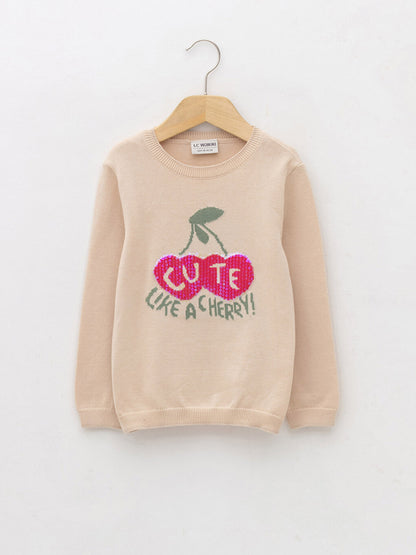 Crew Neck Patterned Sequin Embroidered Long Sleeve Girl's Knitwear Sweater