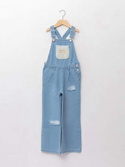 Square Neck Embroidery Detailed Cotton Girls Jean Salopet