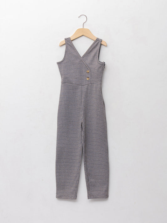 V-Neck Houndstooth Patterned Girls' Jumpsuit