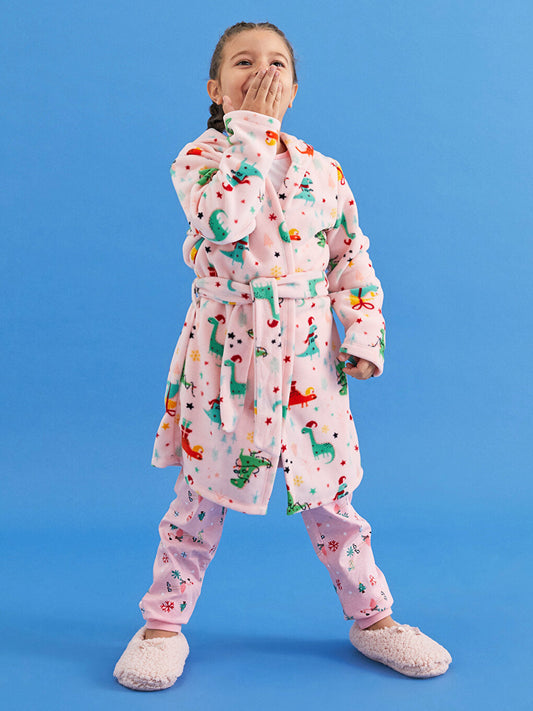 Hooded Patterned Long Sleeve Fleece Girl's Dressing Gown