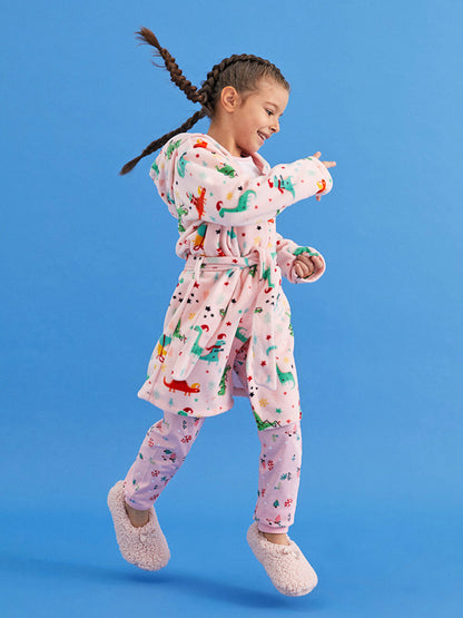 Hooded Patterned Long Sleeve Fleece Girl's Dressing Gown