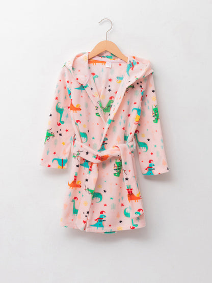 Hooded Patterned Long Sleeve Fleece Girl's Dressing Gown