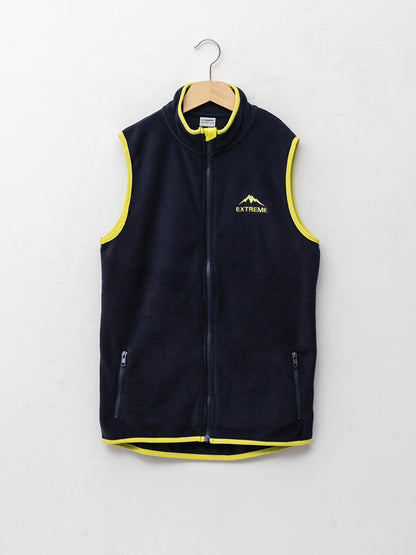 High Collar Embroidery Detailed Fleece Boy's Zippered Vest