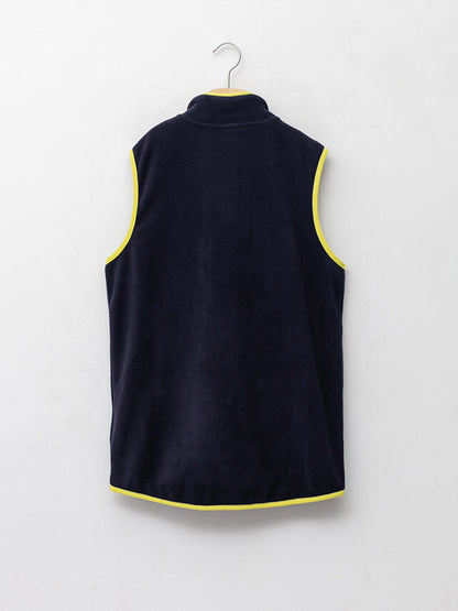 High Collar Embroidery Detailed Fleece Boy's Zippered Vest