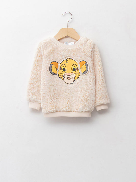 Crew Neck Long Sleeve Lion King Embroidery Detailed Plush Baby Boy Sweatshirt