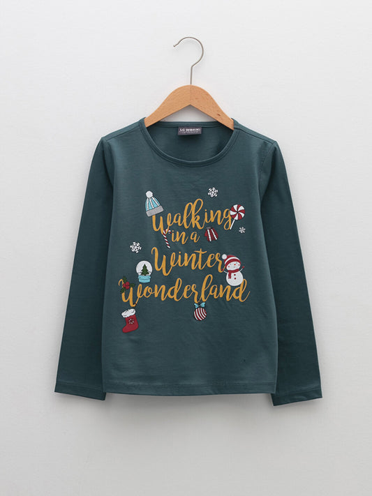 Crew Neck New Year Themed Long Sleeve Girls' T-Shirt