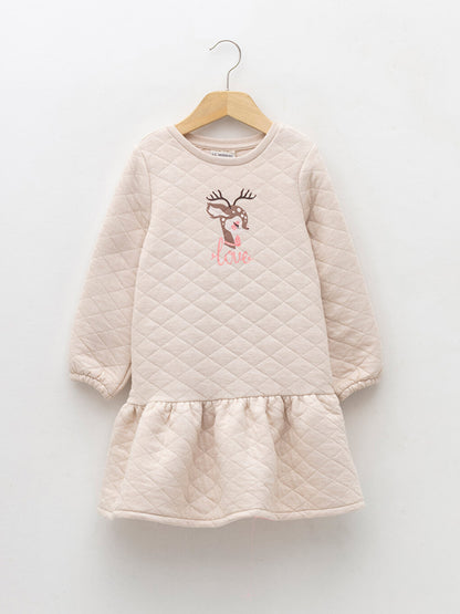 Crew Neck Printed Quilted Patterned Long Sleeve Girl's Dress