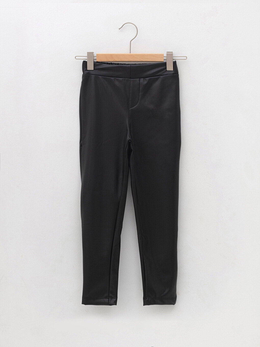 Basic Girl's Leather Look Ankle Length Trousers with Elastic Waist