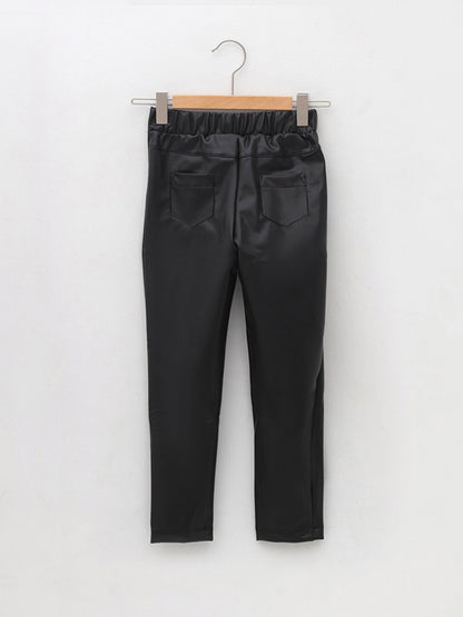 Basic Girl's Leather Look Ankle Length Trousers with Elastic Waist