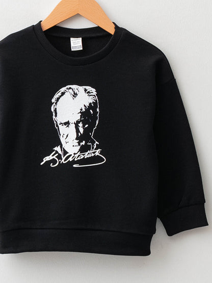 Crew Neck Long Sleeve Atatürk Printed and Signed Baby Boy Sweatshirt