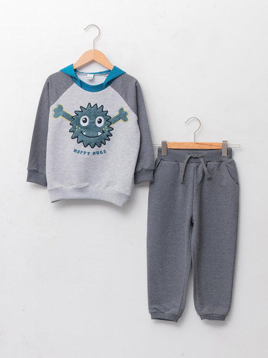 Hooded Long Sleeve Printed Baby Boy Sweatshirt and Trousers 2-Piece Set