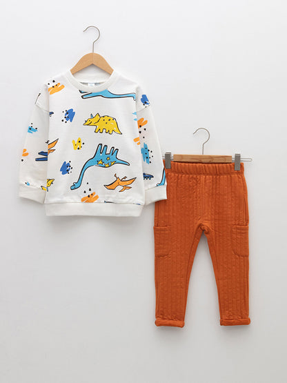 Crew Neck Long Sleeve Printed Baby Boy Sweatshirt and Trousers 2-Piece Set