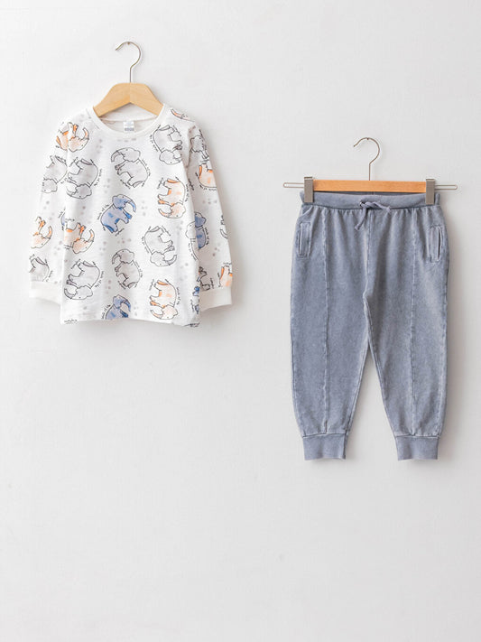 Crew Neck Long Sleeve Cotton Baby Boy T-Shirt and Trousers 2-Piece Set