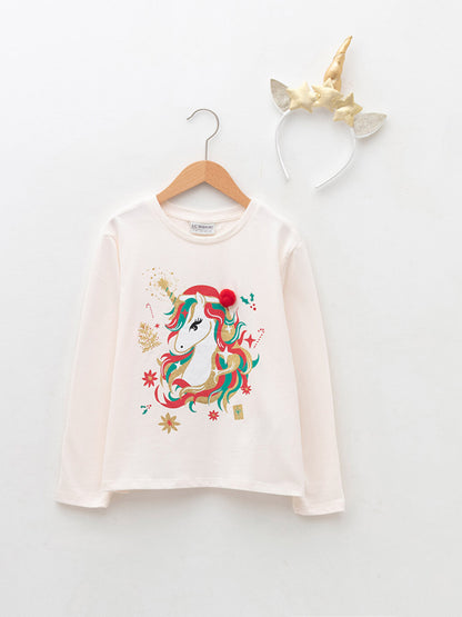 Crew Neck New Year Themed Long Sleeve Girls' T-Shirt and Crown