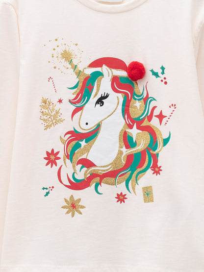 Crew Neck New Year Themed Long Sleeve Girls' T-Shirt and Crown