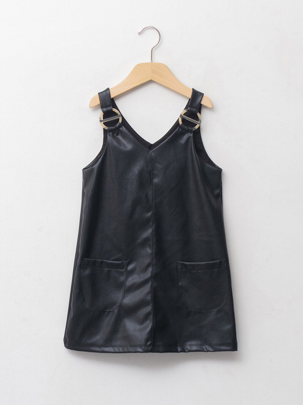 V-Neck Basic Strap Leather Look Girl's Dress