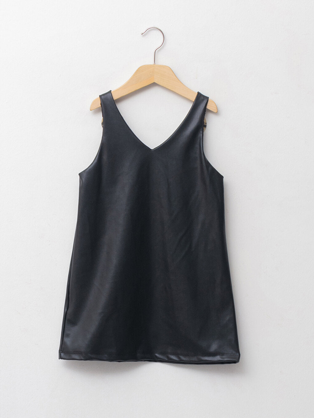 V-Neck Basic Strap Leather Look Girl's Dress