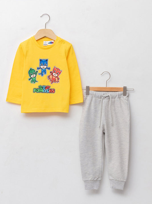 Crew Neck Pijamaskeliler Printed Long Sleeve Baby Boy T-Shirt and Trousers 2-Piece Set