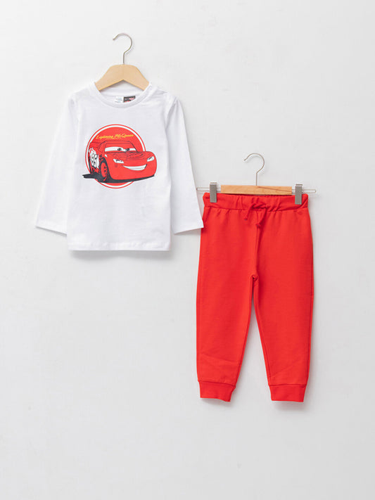 Crew Neck Long Sleeve Cars Printed Baby Boy T-Shirt and Jogger Pants 2-Piece Set