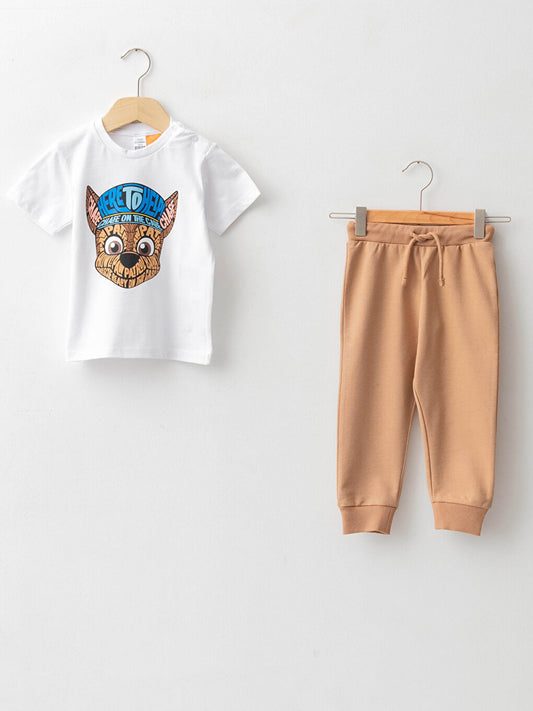 Crew Neck Short Sleeve Paw Patrol Printed Baby Boy T-Shirt and Trousers 2-Piece Set