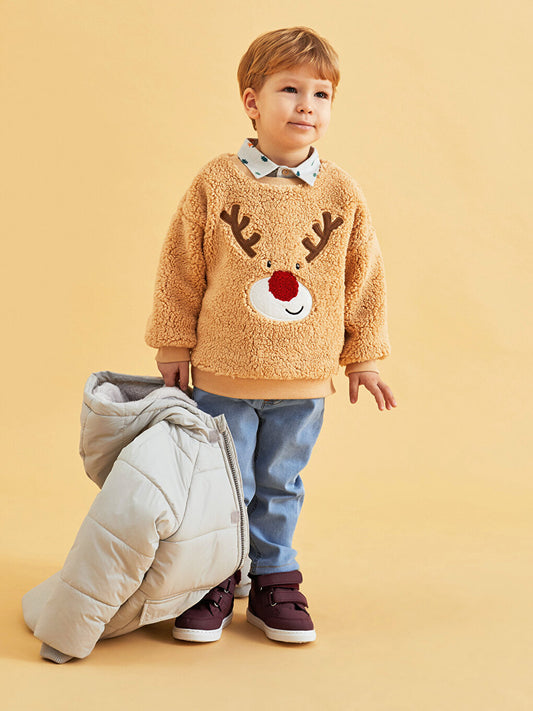 Crew Neck Long Sleeve New Year's Themed Plush Baby Boy Sweatshirt