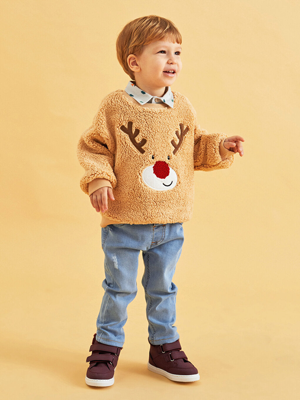 Crew Neck Long Sleeve New Year's Themed Plush Baby Boy Sweatshirt