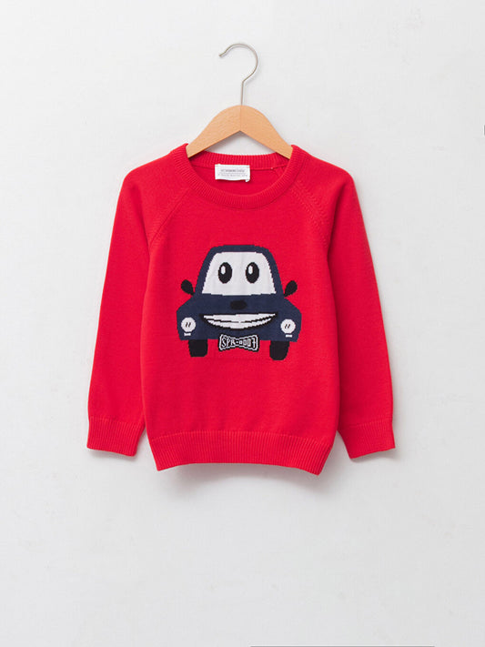 Crew Neck Long Sleeve Patterned Baby Boy Knitwear Sweater