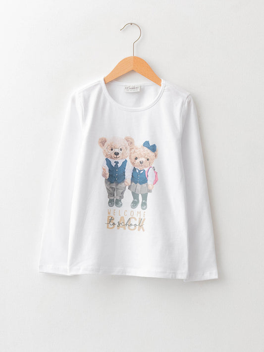 Crew Neck Printed Long Sleeve Cotton Girls' T-Shirt