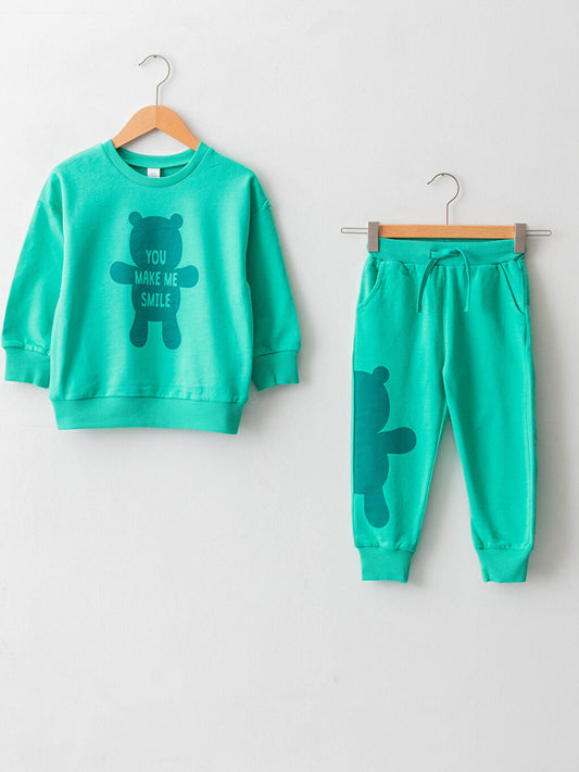 Crew Neck Long Sleeve Printed Baby Boy Sweatshirt and Trousers 2-Piece Set