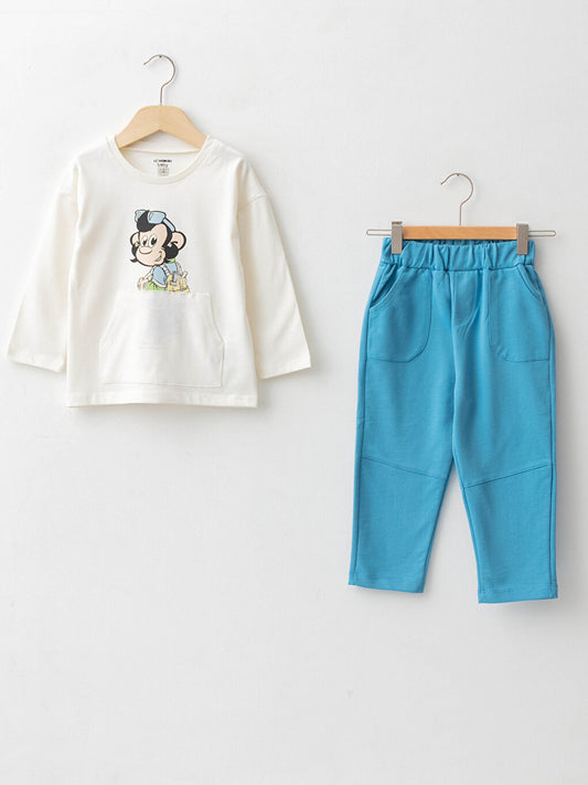 Crew Neck Long Sleeve Nostalgic Monkey Printed Cotton Baby T-Shirt and Trousers 2-Piece Set