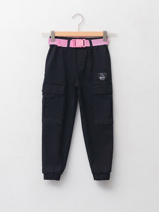 Basic Gabardine Girl's Cargo Pants and Belt with Elastic Waist