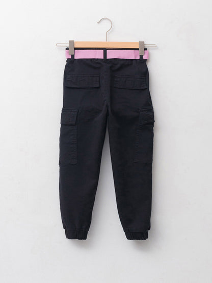 Basic Gabardine Girl's Cargo Pants and Belt with Elastic Waist