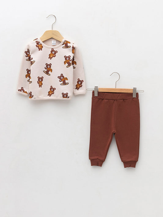 Crew Neck Long Sleeve Printed Baby Boy Sweatshirt and Trousers 2-Piece Set