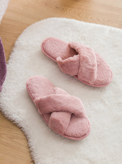 Plush Cross-Strapped Women's House Slippers