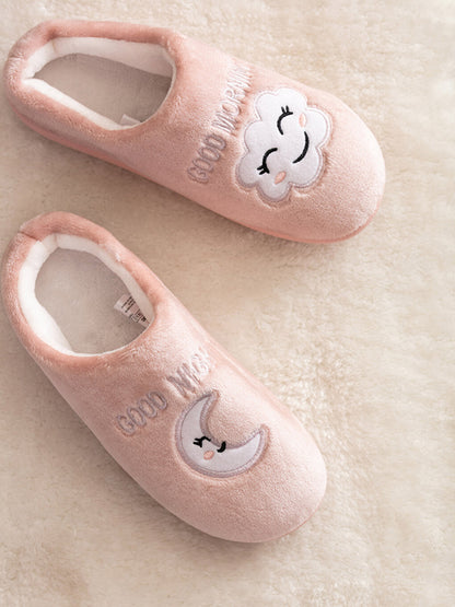 Plush Women House Slippers with Lettering Embroidery