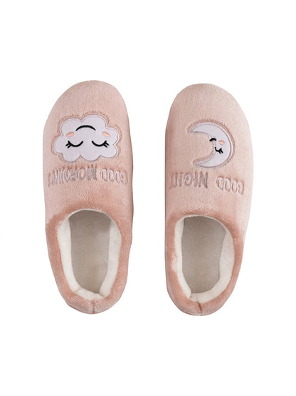 Plush Women House Slippers with Lettering Embroidery