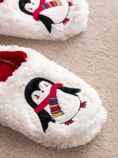 Penguin Embroidered Plush Women's House Slippers