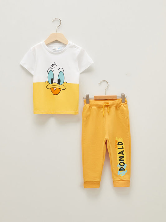 Crew Neck Short Sleeve Donald Duck Printed T-Shirt and Trousers 2-Piece Set