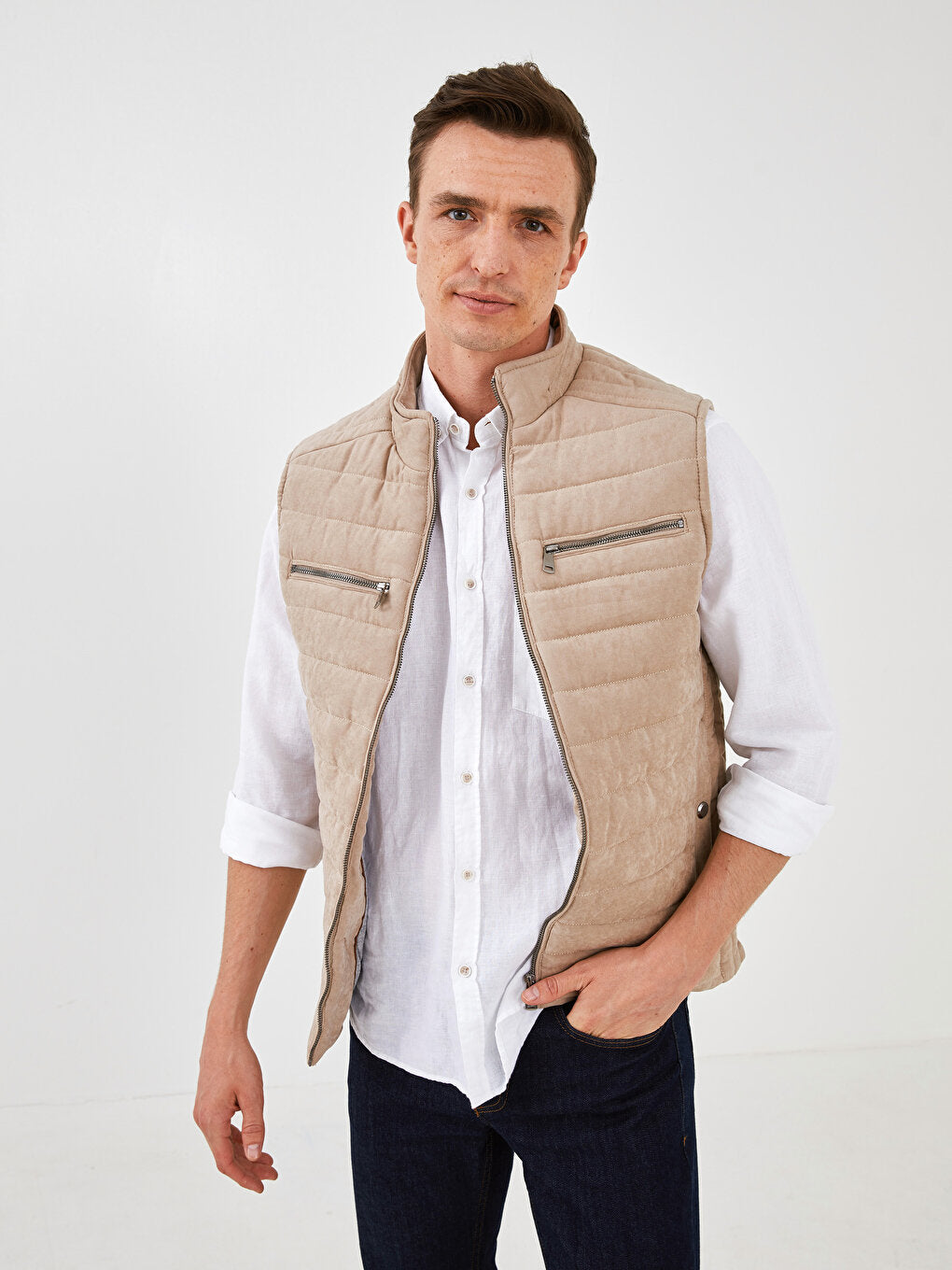 Slim Fit Stand Collar Thick Suede Vest