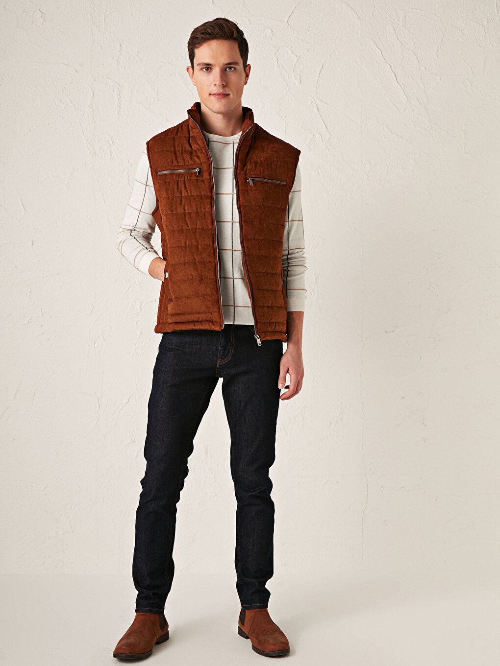 Slim Fit Stand Collar Thick Suede Vest