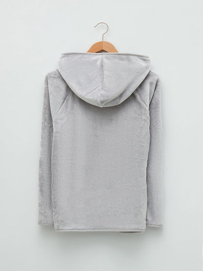 Hooded Collar Plain Long Sleeve Pocket Detailed Women's Plush Pajama Top